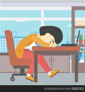 An asian tired business woman sleeping on laptop keyboard in the office. Young business woman resting at workplace. Vector flat design illustration. Square layout.. Woman sleeping on workplace.