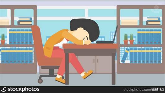 An asian tired business woman sleeping on laptop keyboard in the office. Young business woman resting at workplace. Vector flat design illustration. Horizontal layout.. Woman sleeping on workplace.