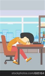 An asian tired business woman sleeping on laptop keyboard in the office. Young business woman resting at workplace. Vector flat design illustration. Vertical layout.. Woman sleeping on workplace.