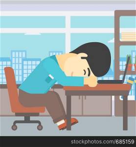 An asian tired businessman sleeping on laptop keyboard in the office. Businessman resting at workplace. Vector flat design illustration. Square layout.. Businessman sleeping on workplace.