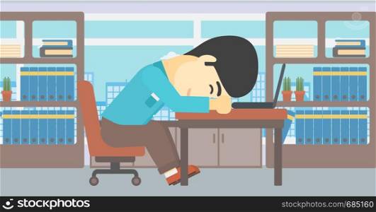 An asian tired businessman sleeping on laptop keyboard in the office. Businessman resting at workplace. Vector flat design illustration. Horizontal layout.. Businessman sleeping on workplace.