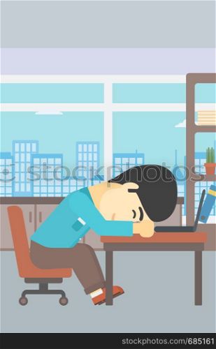 An asian tired businessman sleeping on laptop keyboard in the office. Businessman resting at workplace. Vector flat design illustration. Vertical layout.. Businessman sleeping on workplace.