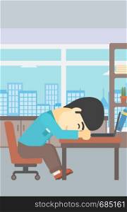 An asian tired businessman sleeping on laptop keyboard in the office. Businessman resting at workplace. Vector flat design illustration. Vertical layout.. Businessman sleeping on workplace.