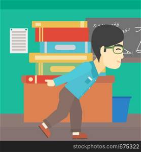 An asian tired student carrying a heavy pile of books on his back. Student with pile of books in the classroom. Student with many books. Vector flat design illustration. Square layout.. Student with pile of books vector illustration.