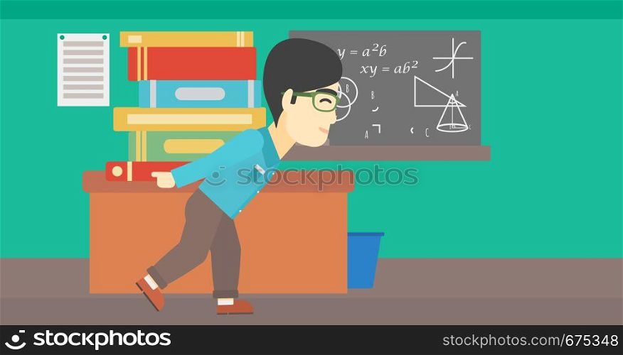An asian tired student carrying a heavy pile of books on his back. Student with pile of books in the classroom. Student with many books. Vector flat design illustration. Horizontal layout.. Student with pile of books vector illustration.