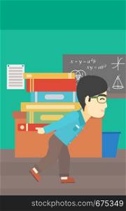 An asian tired student carrying a heavy pile of books on his back. Student with pile of books in the classroom. Student with many books. Vector flat design illustration. Vertical layout.. Student with pile of books vector illustration.