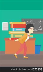 An asian tired student carrying a heavy pile of books on his back. Student with pile of books in the classroom. Student with many books. Vector flat design illustration. Vertical layout.. Student with pile of books vector illustration.