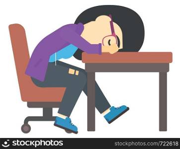 An asian tired young woman sleeping on table vector flat design illustration isolated on white background. . Woman sleeping on table.