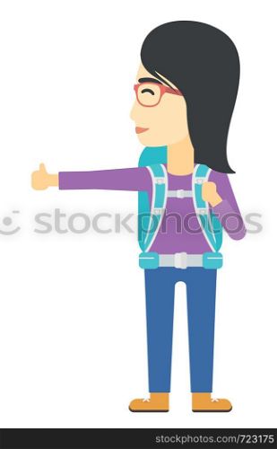 An asian traveler hitchhiking trying to stop a car vector flat design illustration isolated on white background.. Young woman hitchhiking.