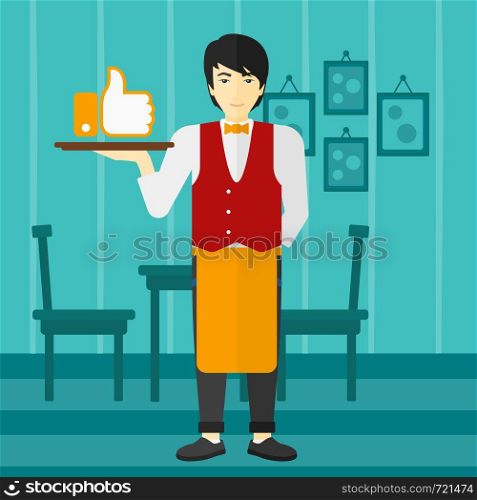 An asian waiter carrying a tray with like button on a cafe background vector flat design illustration. Square layout.. Waiter with like button.