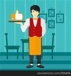 An asian waiter carrying a tray with like button on a cafe background vector flat design illustration. Square layout.. Waiter with like button.