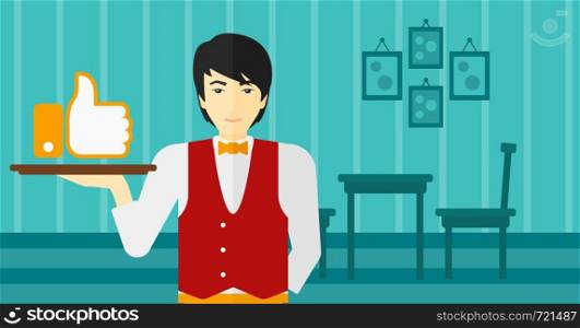 An asian waiter carrying a tray with like button on a cafe background vector flat design illustration. Horizontal layout.. Waiter with like button.