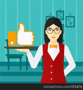 An asian waitress carrying a tray with like button on a cafe background vector flat design illustration. Square layout.. Waitress with like button.