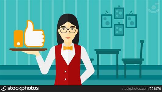 An asian waitress carrying a tray with like button on a cafe background vector flat design illustration. Horizontal layout.. Waitress with like button.