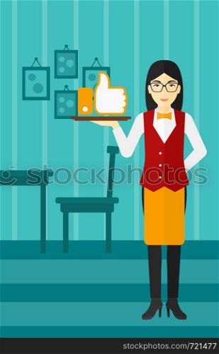 An asian waitress carrying a tray with like button on a cafe background vector flat design illustration. Vertical layout.. Waitress with like button.