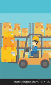 An asian warehouse worker loading cardboard boxes. Forklift driver at work in storehouse. Warehouse worker driving forklift at warehouse. Vector flat design illustration. Vertical layout.. Warehouse worker moving load by forklift truck.