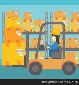 An asian warehouse worker loading cardboard boxes. Forklift driver at work in storehouse. Warehouse worker driving forklift at warehouse. Vector flat design illustration. Square layout.. Warehouse worker moving load by forklift truck.