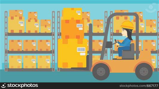 An asian warehouse worker loading cardboard boxes. Forklift driver at work in storehouse. Warehouse worker driving forklift at warehouse. Vector flat design illustration. Horizontal layout.. Warehouse worker moving load by forklift truck.