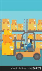 An asian warehouse worker loading cardboard boxes. Forklift driver at work in storehouse. Warehouse worker driving forklift at warehouse. Vector flat design illustration. Vertical layout.. Warehouse worker moving load by forklift truck.