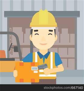 An asian warehouse worker scanning barcode on box. Warehouse worker checking barcode of box with a scanner. Man in hard hat with scanner. Vector flat design illustration. Square layout.. Warehouse worker scanning barcode on box.