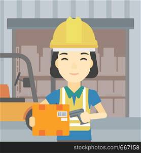 An asian warehouse worker scanning barcode on box. Warehouse worker checking barcode of box with a scanner. Woman in hard hat with scanner. Vector flat design illustration. Square layout.. Warehouse worker scanning barcode on box.