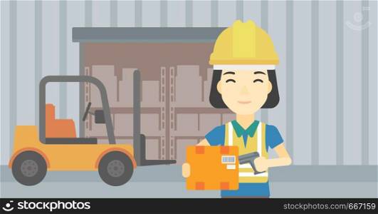 An asian warehouse worker scanning barcode on box. Warehouse worker checking barcode of box with a scanner. Woman in hard hat with scanner. Vector flat design illustration. Horizontal layout.. Warehouse worker scanning barcode on box.