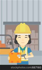 An asian warehouse worker scanning barcode on box. Warehouse worker checking barcode of box with a scanner. Woman in hard hat with scanner. Vector flat design illustration. Vertical layout.. Warehouse worker scanning barcode on box.