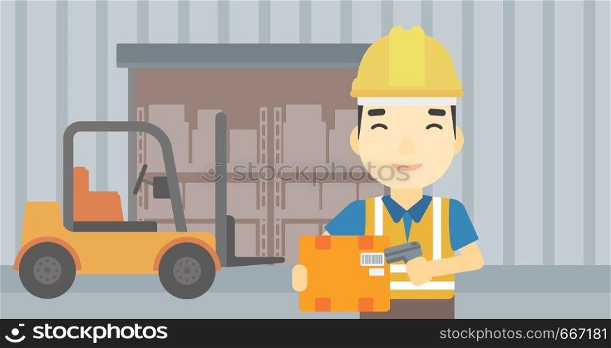 An asian warehouse worker scanning barcode on box. Warehouse worker checking barcode of box with a scanner. Man in hard hat with scanner. Vector flat design illustration. Horizontal layout.. Warehouse worker scanning barcode on box.