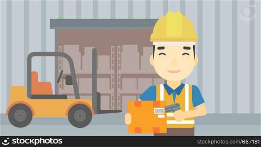 An asian warehouse worker scanning barcode on box. Warehouse worker checking barcode of box with a scanner. Man in hard hat with scanner. Vector flat design illustration. Horizontal layout.. Warehouse worker scanning barcode on box.