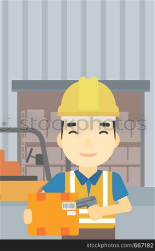 An asian warehouse worker scanning barcode on box. Warehouse worker checking barcode of box with a scanner. Man in hard hat with scanner. Vector flat design illustration. Vertical layout.. Warehouse worker scanning barcode on box.