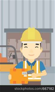 An asian warehouse worker scanning barcode on box. Warehouse worker checking barcode of box with a scanner. Man in hard hat with scanner. Vector flat design illustration. Vertical layout.. Warehouse worker scanning barcode on box.