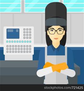 An asian woman at factory workshop background vector flat design illustration. Square layout.. Confident smiling welder.
