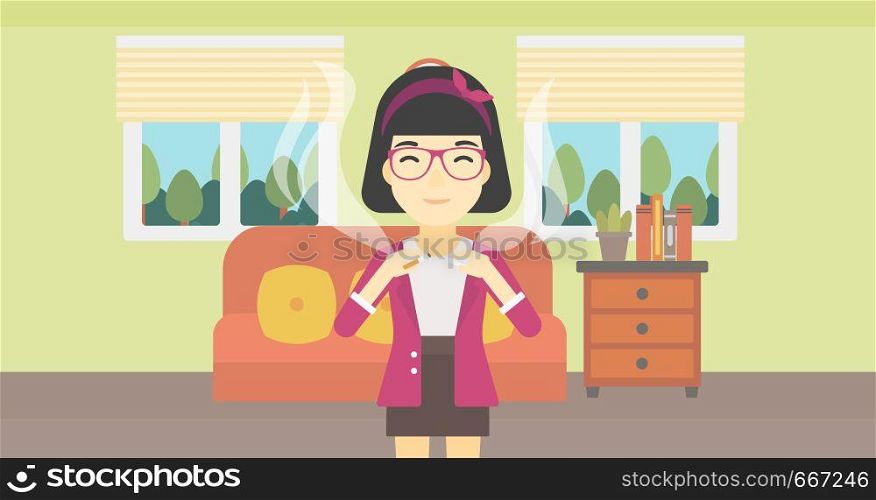 An asian woman breaking the cigarette. Woman crushing cigarette. Woman holding broken cigarette on the background of living room. Quit smoking concept. Vector flat design illustration. Horizontal layout. Young woman quitting smoking vector illustration.