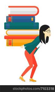 An asian woman carrying a pile of books on his back vector flat design illustration isolated on white background. Vertical layout.. Woman with pile of books.