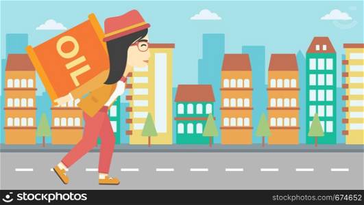 An asian woman carrying an oil barrel on his back. Woman with oil barrel walking on a city background. Woman with oil barrel on his back. Vector flat design illustration. Horizontal layout.. Woman with oil can vector illustration.
