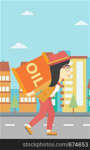An asian woman carrying an oil barrel on his back. Woman with oil barrel walking on a city background. Woman with oil barrel on his back. Vector flat design illustration. Vertical layout.. Woman with oil can vector illustration.