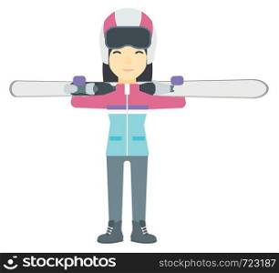 An asian woman carrying skis on her shoulders vector flat design illustration isolated on white background.. Woman holding skis.