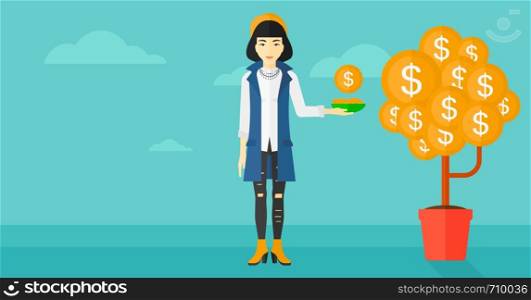 An asian woman catching dollar coin from money tree on the background of blue sky vector flat design illustration. Horizontal layout.. Woman catching dollar coins.