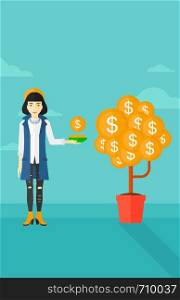 An asian woman catching dollar coin from money tree on the background of blue sky vector flat design illustration. Vertical layout.. Woman catching dollar coins.