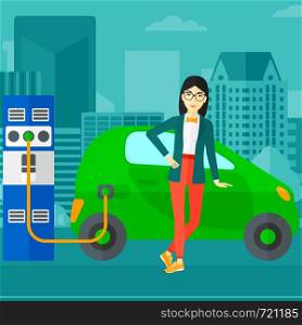 An asian woman charging her electric car on a city background vector flat design illustration. Square layout.. Charging of electric car.