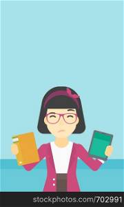 An asian woman choosing between tablet computer and paper book. Woman holding book in one hand and tablet computer in the other. Vector flat design illustration. Vertical layout.. Woman choosing between book and tablet computer.