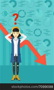 An asian woman clutching her head and a big question mark above on the background of business graph going down vector flat design illustration. Vertical layout.. Woman clutching her head.