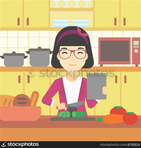 An asian woman cutting vegetables for salad. Woman following recipe for salad on digital tablet. Woman cooking healthy salad in kitchen. Vector flat design illustration. Square layout.. Woman cooking healthy vegetable salad.