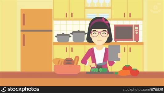 An asian woman cutting vegetables for salad. Woman following recipe for salad on digital tablet. Woman cooking healthy salad in kitchen. Vector flat design illustration. Horizontal layout.. Woman cooking healthy vegetable salad.