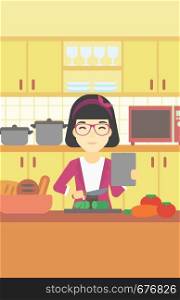 An asian woman cutting vegetables for salad. Woman following recipe for salad on digital tablet. Woman cooking healthy salad in kitchen. Vector flat design illustration. Vertical layout.. Woman cooking healthy vegetable salad.