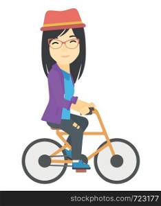 An asian woman cycling to work vector flat design illustration isolated on white background.. Woman cycling to work.