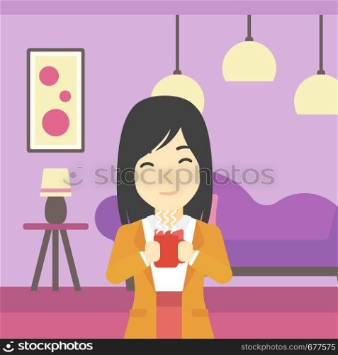 An asian woman drinking hot flavored coffee. Young smiling woman with cup of delicious coffee. Woman enjoying fresh coffee at home. Vector flat design illustration. Square layout.. Woman enjoying cup of hot coffee.