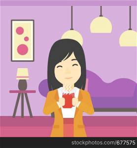 An asian woman drinking hot flavored coffee. Young smiling woman with cup of delicious coffee. Woman enjoying fresh coffee at home. Vector flat design illustration. Square layout.. Woman enjoying cup of hot coffee.