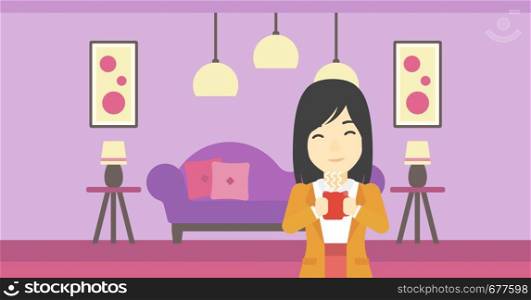 An asian woman drinking hot flavored coffee. Young smiling woman with cup of delicious coffee. Woman enjoying fresh coffee at home. Vector flat design illustration. Horizontal layout.. Woman enjoying cup of hot coffee.
