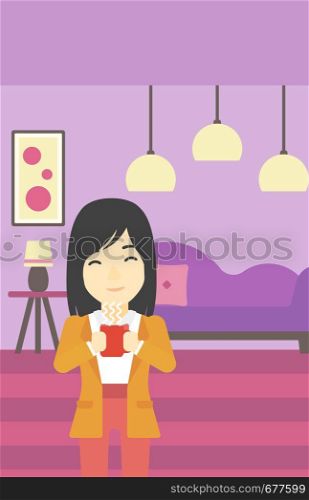An asian woman drinking hot flavored coffee. Young smiling woman with cup of delicious coffee. Woman enjoying fresh coffee at home. Vector flat design illustration. Vertical layout.. Woman enjoying cup of hot coffee.